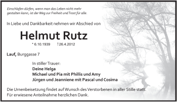 Traueranzeige von Helmut Rutz von Pegnitz-Zeitung